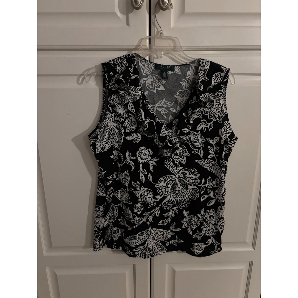 Lauren Ralph Lauren Black White Floral Ruffle V-Neck Cotton Sleeveless Top 1X